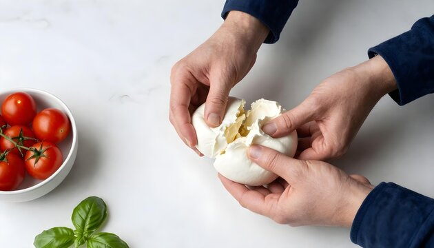 A hand presents a piece of mozzarella cheese, highlighting National Italian Cheese Month and the joy of Italian cuisine