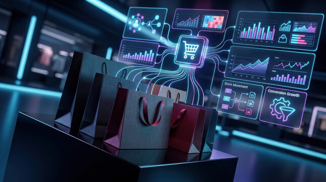 Smart retail technology interface showing ecommerce conversion funnel and inventory management data connected to shopping bags