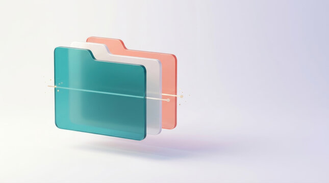 Cloud folder data synchronization transferring digital files through 3D glass icons for secure archiving management