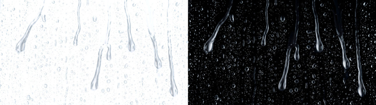 Dripping Water sliding down dark glass leaving long winding trails for overlay use in PNG, Transparent and Black Background Versions