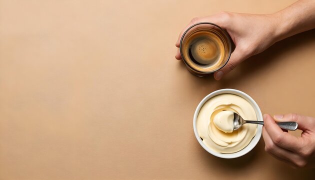Two hands present bowls of cream and coffee, showcasing a festive treat for National Italian Cheese Month