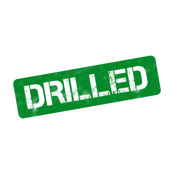 Drilled green rubber stamp icon, weathered rectangular ink imprint, industrial textured label for construction and manufacturing