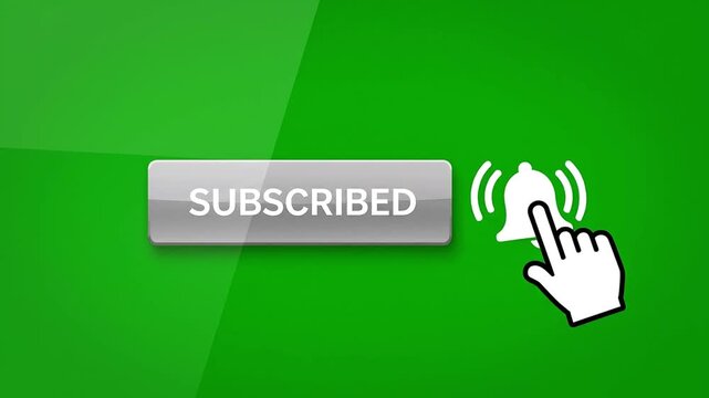 Red subscribe button with cursor clicking and bell notification icon on green background