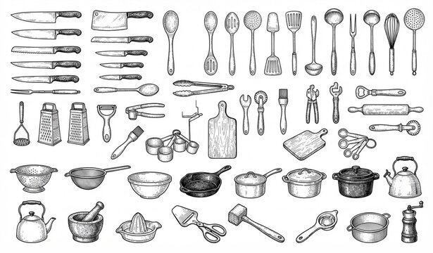 Retro culinary kitchen tool set with ink drawn utensils cookware and cooking equipment vector illustrations