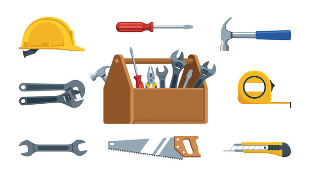 Carpentry Hand Tools and Construction Equipment Vector Icon Set with Wooden Toolbox, Yellow Hard Hat, Claw Hammer, and Hand Saw Symbols