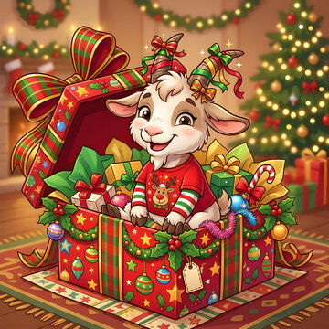 Funny Christmas sheep eating an enormous gingerbread cookie, crumbs covering her fluffy wool, surprised guilty expression, Santa hat and Christmas scarf, humorous holiday T-shirt design, 