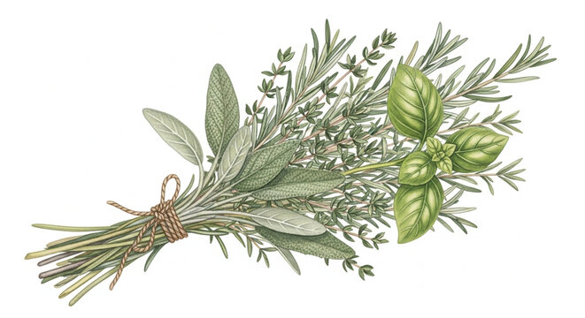Hand Drawn Botanical Bunch of Fresh Culinary Herbs Tied with String