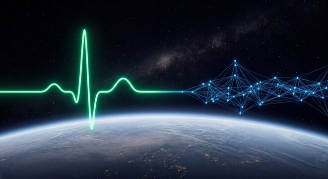 Glowing green ECG heartbeat pulse line transforming into blue digital network mesh above planet Earth horizon in dark space