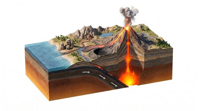 3D Geological Cross Section of Active Volcano with Magma and Earth Layers, Volcanic Eruption and Earth Science Illustration