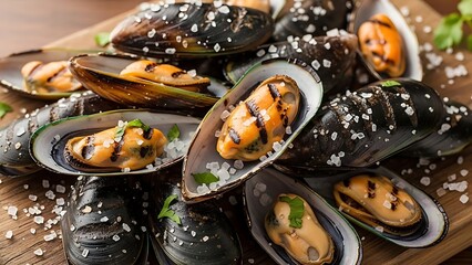 Obraz premium Large bowl of steamed mussels with sea salt flakes.