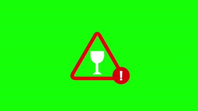 2D Broken Glass Warning Sign with Red Hazard Triangle and Alert Symbol on Green Screen