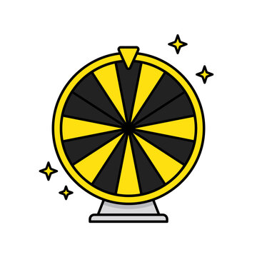 Yellow and black wheel of fortune on a stand with sparkling stars