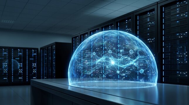 Digital AI network protected by a glowing blue energy shield in a modern server room.