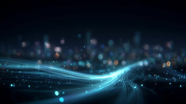Cyan glowing optical fiber light trail ascension and high-speed data particle stream surging across cyber night city (AI Generated)