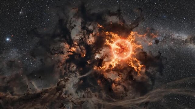 Cosmic Explosion Nebula Space Destruction Fire Star Cloud Universe Chaos Energy Dramatic Celestial Vision Fantasy Background Concept Art with Glowing Dust and Gas Swirl