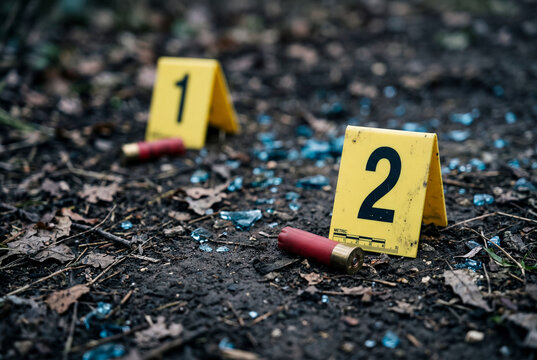 Yellow forensic evidence markers numbered one and two next to spent shotgun shells