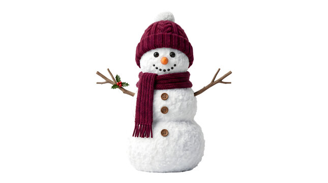Cute snowman wearing a maroon knit hat and scarf with twig arms and holly captured as an isolated PNG with transparent background