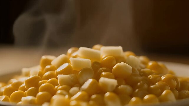 A delightful close-up of steaming sweet corn kernels mixed with fresh, creamy white ingredients, creating a warm and comforting side dish ready to be enjoyed