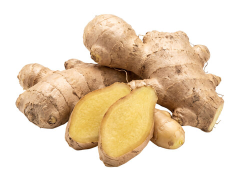 Fresh ginger root and slices on white png isolated on transparent background