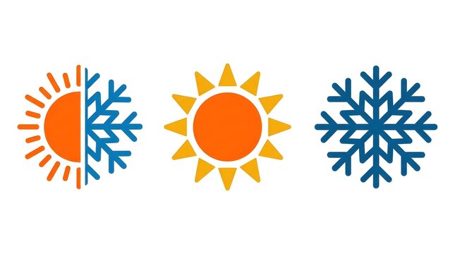 Sun and snowflake icons representing hot and cold weather climate conditions for seasonal temperature contrast design