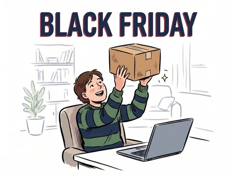 Excited young person holding a package received on Black Friday with laptop nearby