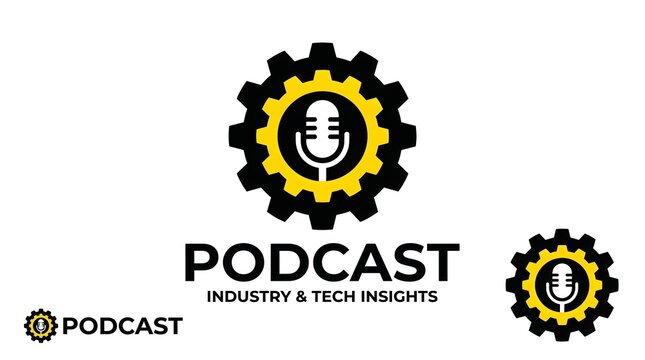Industrial podcast logo with gear and microphone