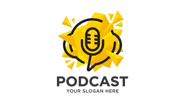 Dynamic podcast speech bubble logo with geometric shards