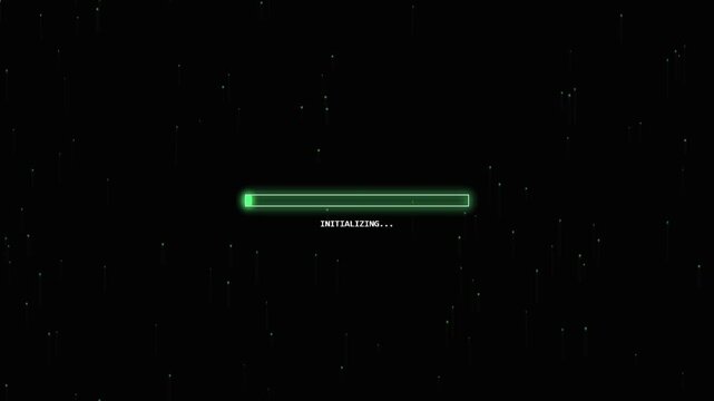 Green loading bar with initializing text on a black background with transparent background progress bar