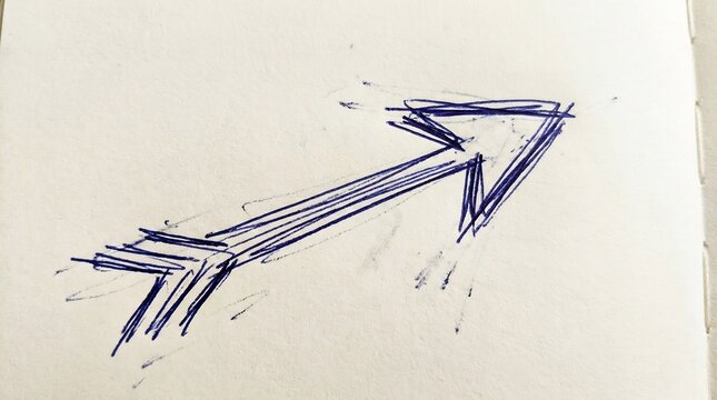 Hand drawn blue ink arrow doodle pointing right on white paper background, cinematic sketch for video editing overlays, atmospheric direction symbol with copy space