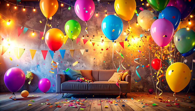 Festive party room background decorated with colorful balloons, confetti, and bunting flags around a sofa