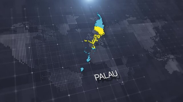 Palau map with national flag on digital world map background, geographic border, global political and international news concept