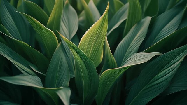 Close-up of vibrant green tropical leaves, showcasing nature's lush growth and organic patterns in a serene botanical setting
