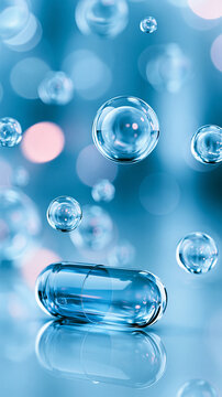 Transparent capsules and bubbles floating in a blue, blurred background, creating a clean and futuristic medical or scientific atmosphere.