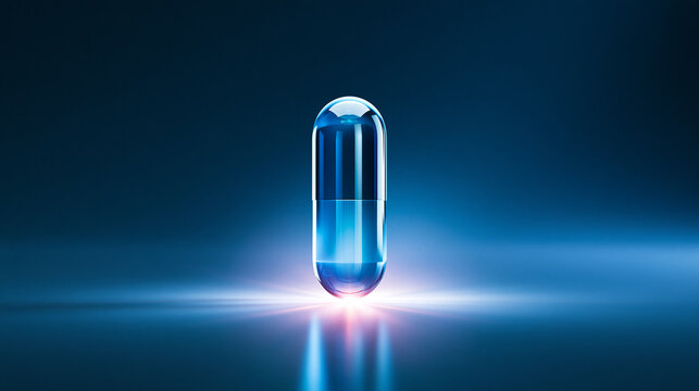 A glowing blue capsule pill levitates above a reflective surface against a dark blue gradient background, symbolizing advanced medicine or futuristic healthcare.