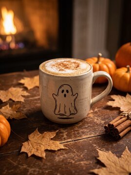 Steaming coffee mug with ghost design on rustic table still life halloween