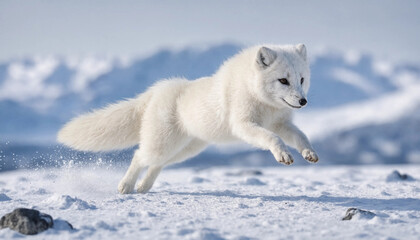 Obraz premium A swift arctic fox captured mid-leap, displaying its pure white winter coat and agile movements, a classic hunter of the frozen tundra.