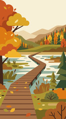 Fototapeta premium Autumn Landscape Illustration Wooden Boardwalk Path over Tranquil Lake