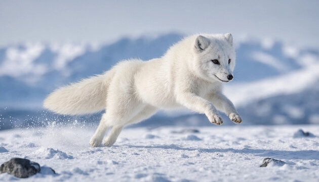 A swift arctic fox captured mid-leap, displaying its pure white winter coat and agile movements, a classic hunter of the frozen tundra.