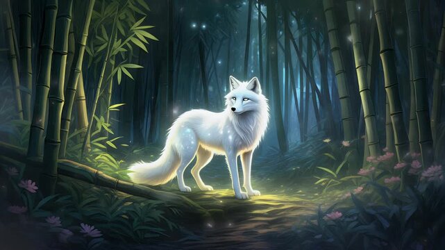 Enchanted White Fox in a Magical Bamboo Forest with Glowing Lights and Mystical Atmosphere