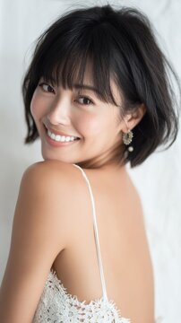 In a pose, a Japanese woman stylish outfit and powerful expression highlight her graceful posture and elegant silhouette, merging fashion with beauty.