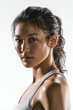 In a pose, a Japanese woman stylish outfit and powerful expression highlight her graceful posture and elegant silhouette, merging fashion with beauty.