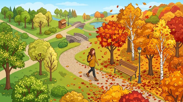 Woman walking on a path in a park during autumn with colorful falling leaves and trees