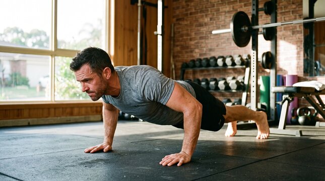 Fit man doing push ups in a home gym with weights and equipment in the background