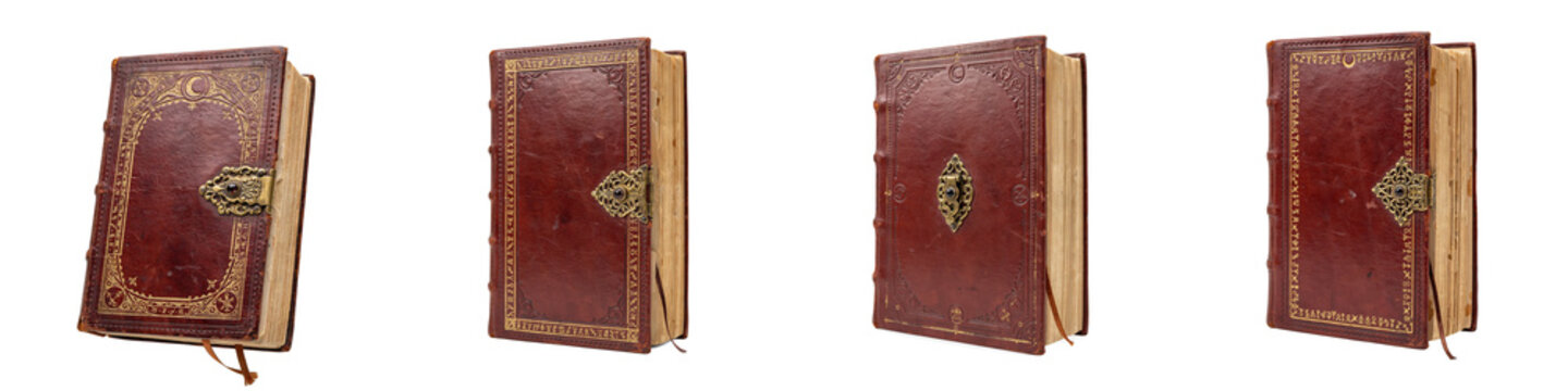 Antique leather spellbook with ornate clasp isolated