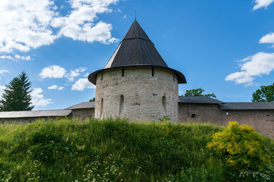 Izborsk Tower of the Holy Dormition Pskovo-Pechersky Monastery on a sunny summer day, Pechory, Pskov region, Russia