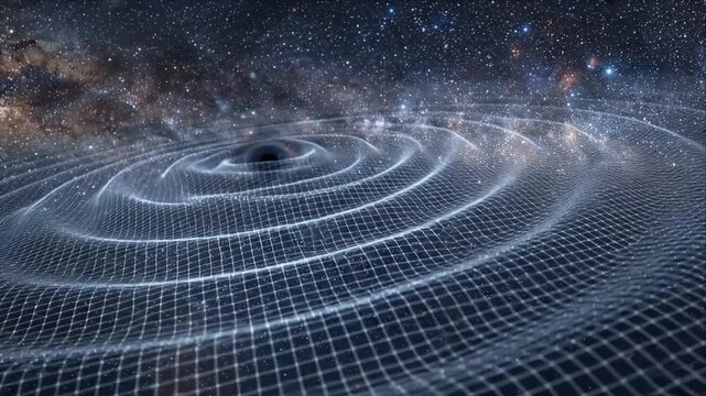 Gravity wave spacetime ripple around black hole in deep galaxy starfield cosmos distortion of space fabric cosmic science visualization of astronomy astrophysics vortex spiral curvature