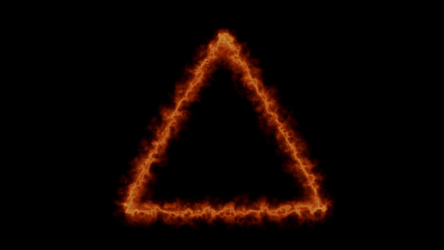 Fiery triangle frame glows with burning orange embers on black background art.