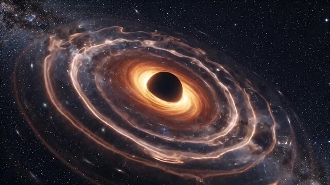 Cosmic black hole gravity wave vortex in deep space galaxy core with swirling accretion disk glowing ring spiral starfield dust cosmos mystery science fiction background illustration