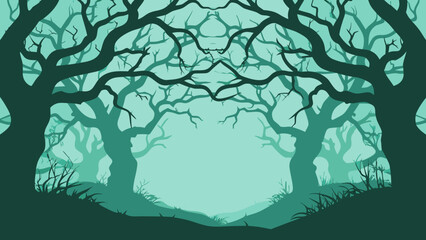 Fototapeta premium Mysterious dark forest landscape with gnarled tree silhouettes forming a symmetrical frame in teal and green colors for fantasy and spooky nature themes woodland vegetation perspective environment