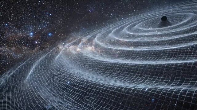 Gravity wave space cosmos science astronomy physics universe galaxy starfield ripple across dark sky and curved grid, space galaxy star gravity wave black hole spacetime cosmos universe spiral